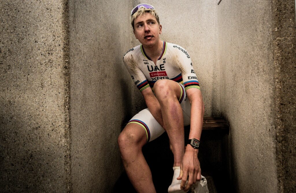 Tadej Pogačar heads to the famous Roubaix showers after his second place finish at the 2026 Paris-Roubaix