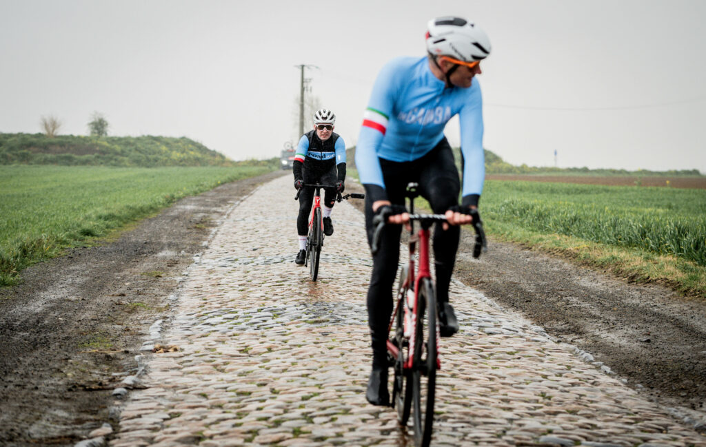 Ryan and Adrie van der Poel on Gruson sector of Paris-Roubaix