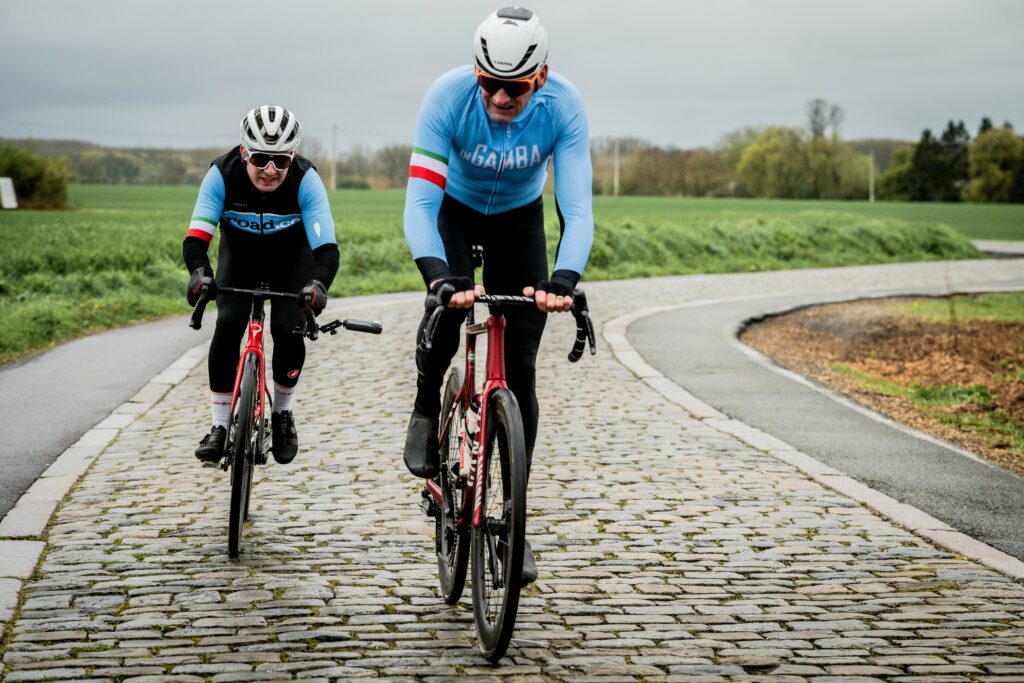 Ryan and Adrie van der Poel on the Hem sector of Paris-Roubaix
