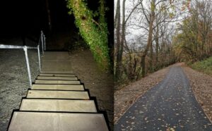 Steps at entrance to cycling and walking path at Cynwyd