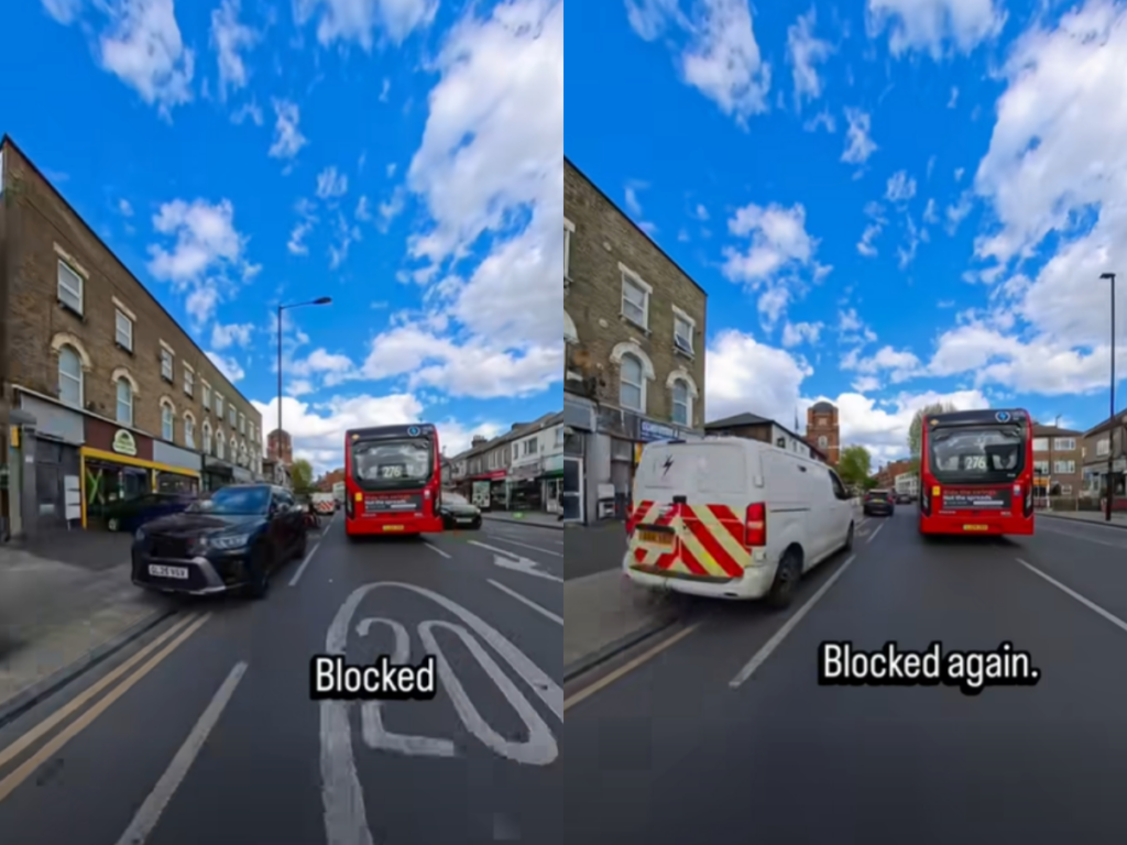 Cyclist counts parked vehicles blocking bike lane