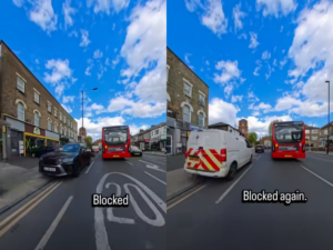 Cyclist counts parked vehicles blocking bike lane