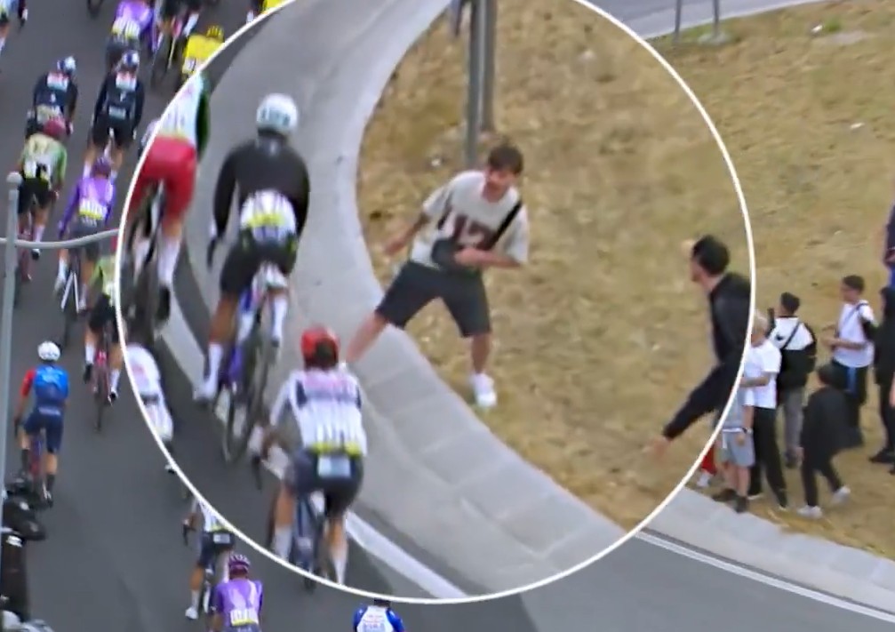 Giro d'Italia spectator ries to kick Soudal rider during stage six to Naples, 2026