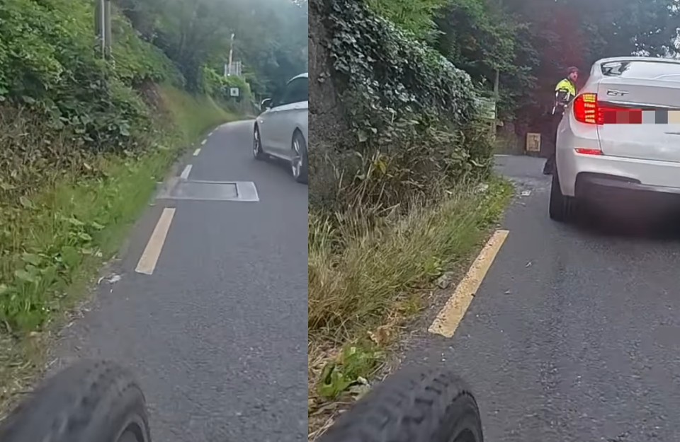 Driver close passes cyclist on blind bend towards oncoming car… and immediately gets pulled over by police officer