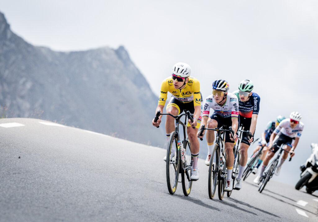 Tadej Pogacar leads Remco Evenepoel and Paul Seixas on the Galibier, 2026 Tour de France, stage 20