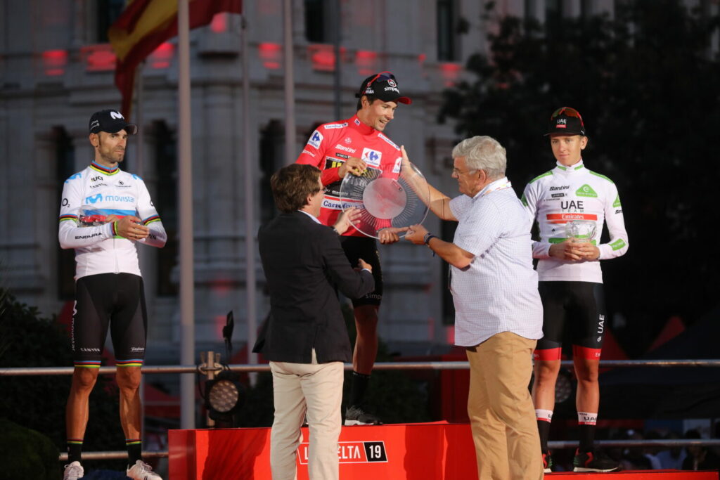 2019 Vuelta a Espana podium - Alejandro Valverde, Primoz Roglic, Tadej Pogacar