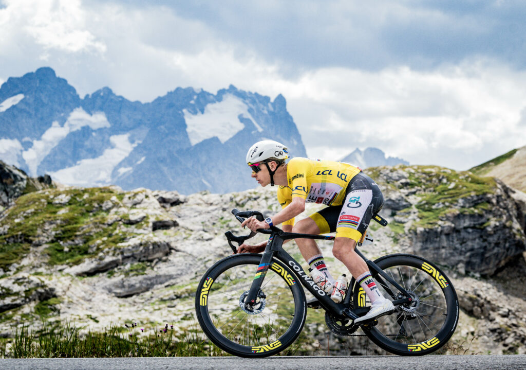 Tadej Pogacar leads the yellow jersey group, Col du Galibier, stage 20, 2026 Tour de France