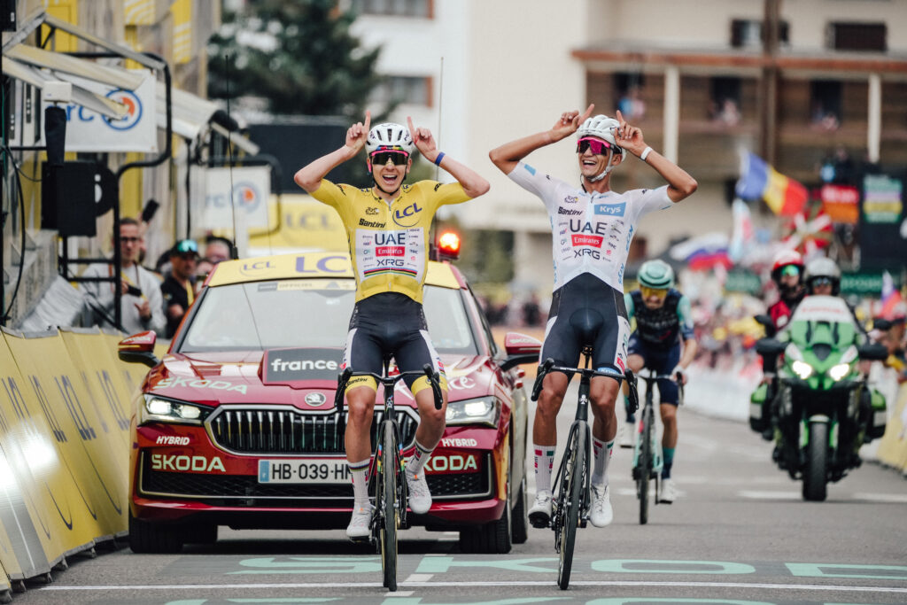 Tadej Pogacar Isaac Del Toro bull horn celebration stage 20 Alpe d'Huez 2026 Tour de France