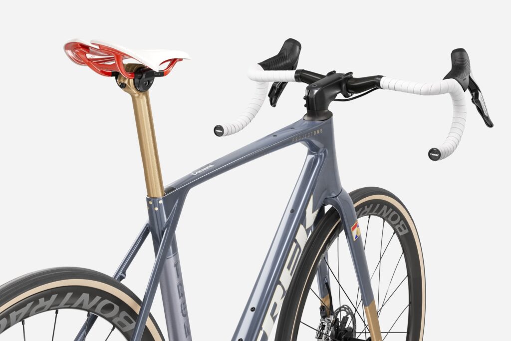 2027 Trek Domane Project One ICON No. 76 studio shot from drivetrain rear side
