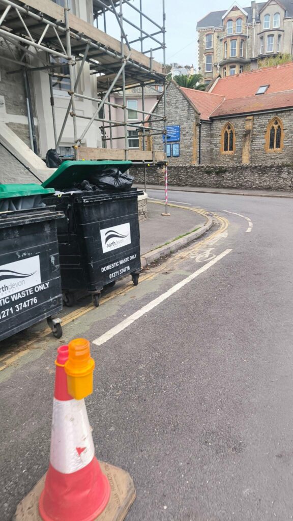Ilfracombe cycle lane blocked by bins