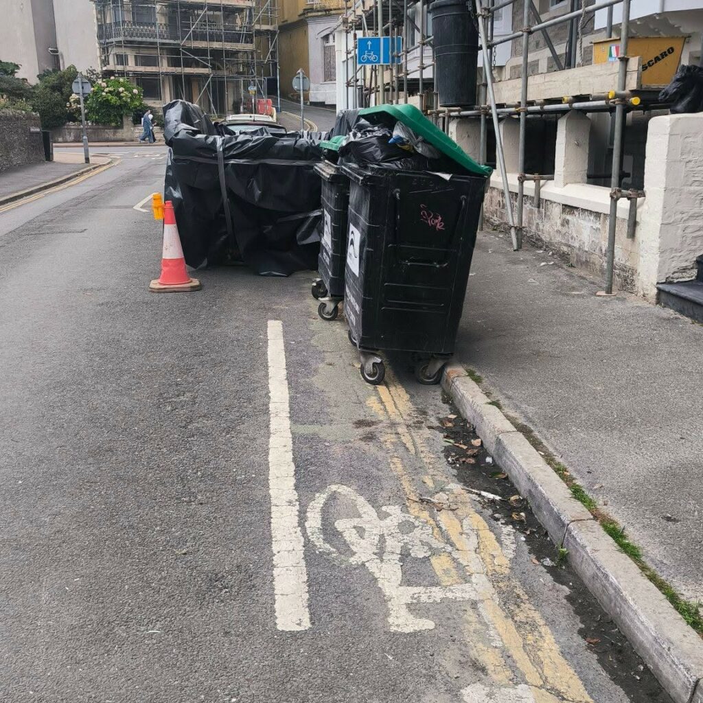Ilfracombe cycle lane blocked by bins