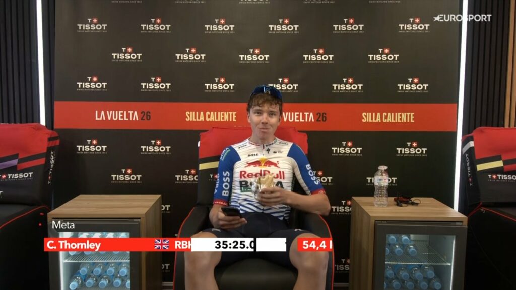 Callum Thornley in the Vuelta hotseat eating a sandwich