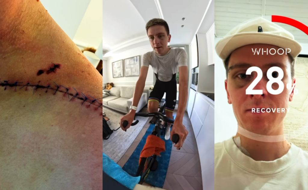 Tadej Pogacar back on his bike after Vuelta crash