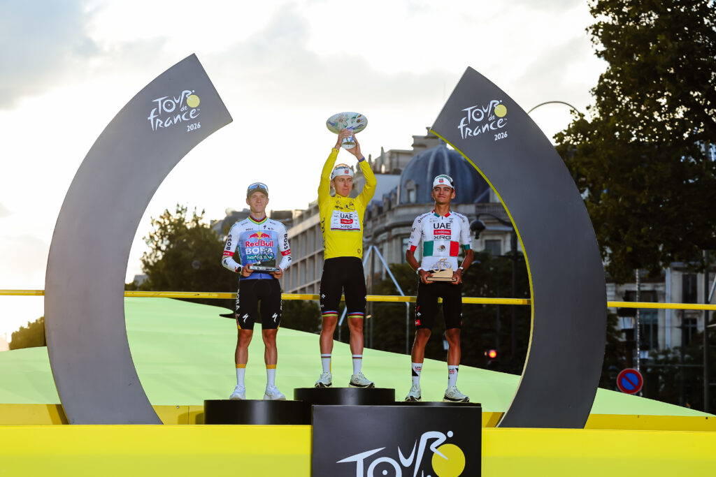 2026 Tour de France final podium (L-R R Evenepoel, T Pogacar, I Del Toro)