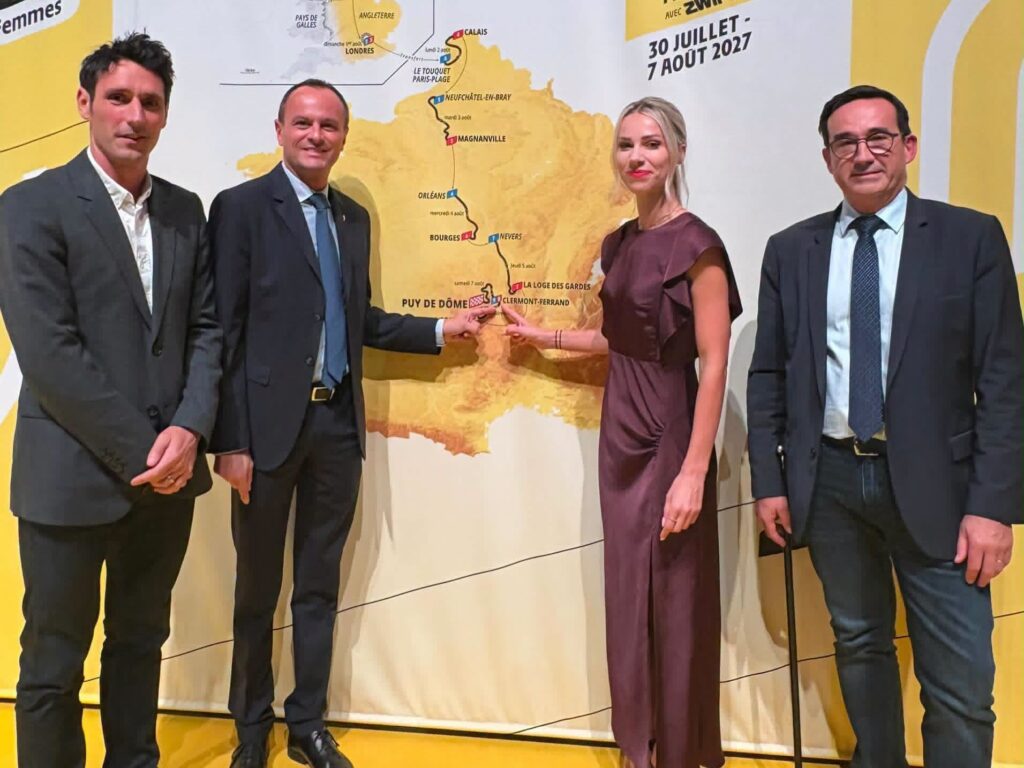 Clermont-Ferrand mayor Julien Bony standing alongside Marion Rousse at the 2027 Tour de France route presentation