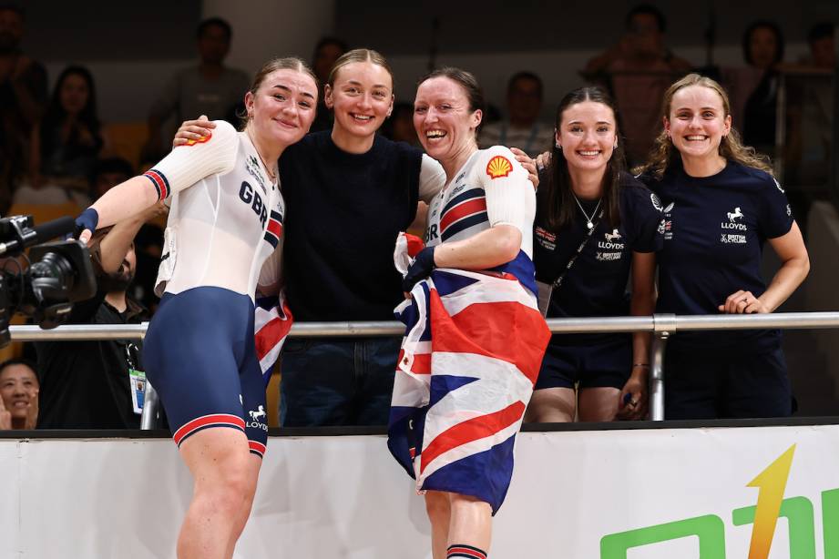 Erin Boothman and Anna Morris celebrate winning gold in the Madison, 2026 world track championships