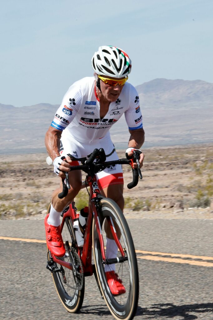 Ultracyclist Joe Barr near Munger Moss Hotel during Route 66 record attempt