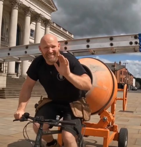 AI-generated video of roofer carrying equipment by bike