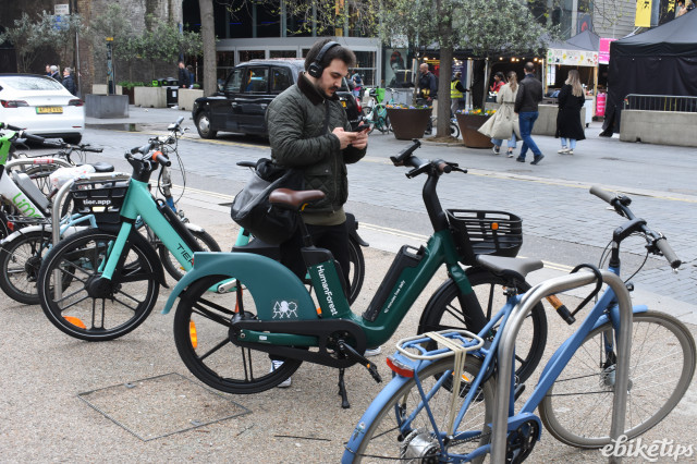 Human Forest hire bike being parked.JPG