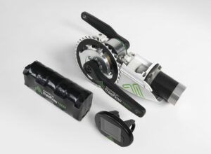 The motor with cranks attached, battery and display unit
