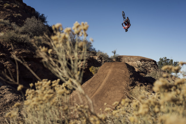 Brandon Semenuk rides his bike at Red Bull Rampage in Virgin, Utah, USA on 19 October, 2022.