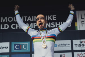 Nino Schurter on the podium at Les Gets, 2022 UCI MTB World Championships