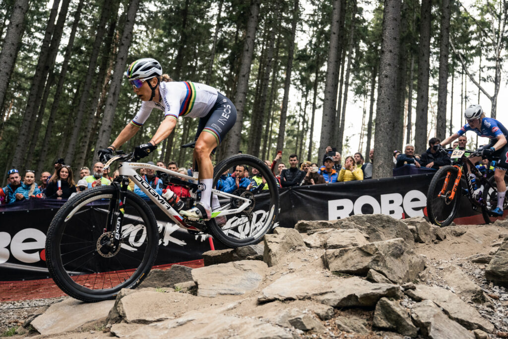 Pauline Ferrand Prevot performs at UCI XCO World Cup in Nove Mesto na Morave, Czech Republic on May 14, 2023