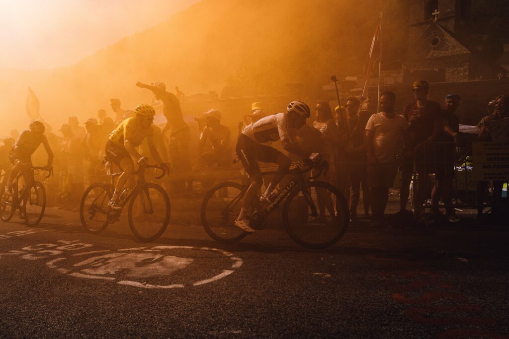 Geraint Thomas, Egan Bernal, and Chris Froome, Dutch Corner, Alpe d’Huez, 2018 Tour de France