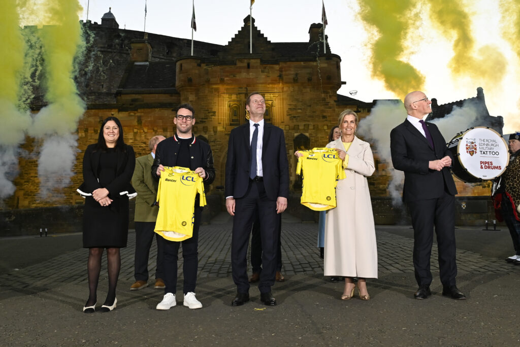 Mark Cavendish, Christian Prudhomme, and HRH Sophie the Duchess of Edinburgh at Edinburgh’s 2027 Tour de France announcement