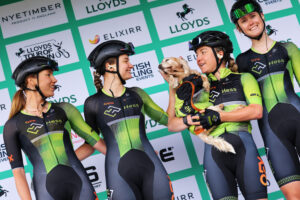 Hess Cycling team and Molly the dog, stage four, 2025 Tour of Britain Women, Glasgow