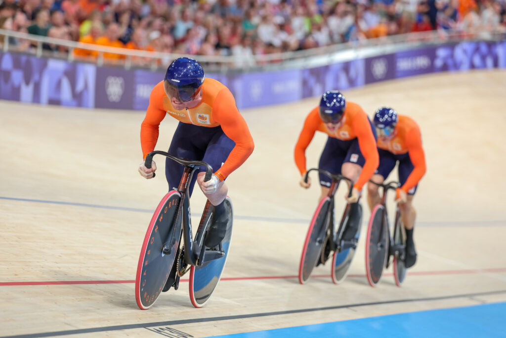 Roy van den Berg, Jeffrey Hoogland, and Harrie Lavreysen (Netherlands) win gold, team sprint, 2024 Paris Olympics