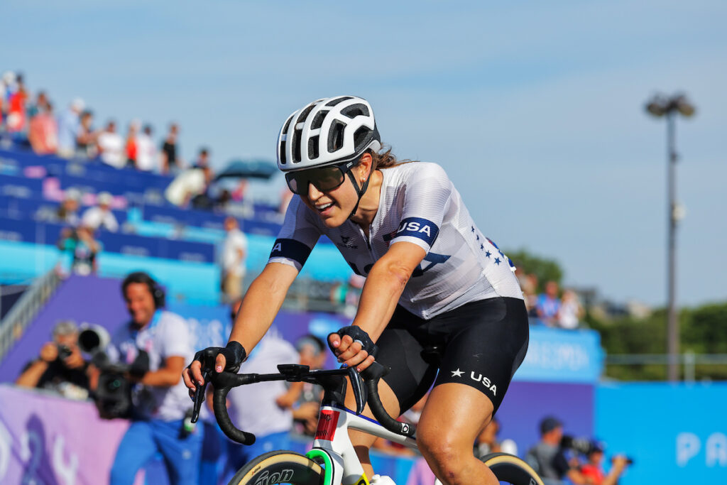 Kristen Faulkner crosses the line, 2024 Paris women’s cycling road race