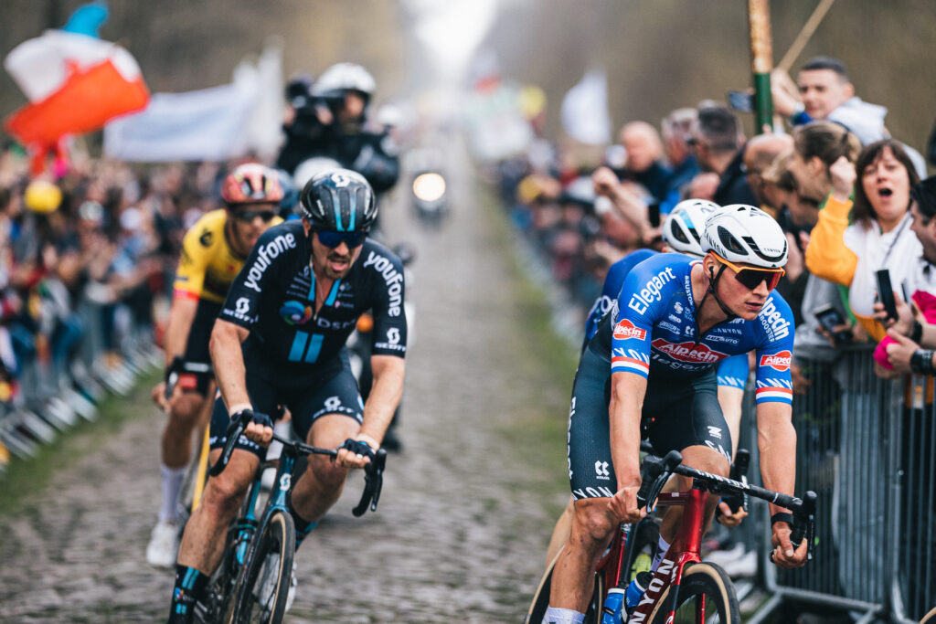 Mathieu van der Poel exits the Arenberg Forest, 2023 Paris-Roubaix