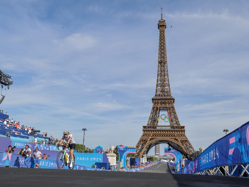 Kristen Faulkner crosses the finish line, 2024 Paris Olympic women's cycling road race