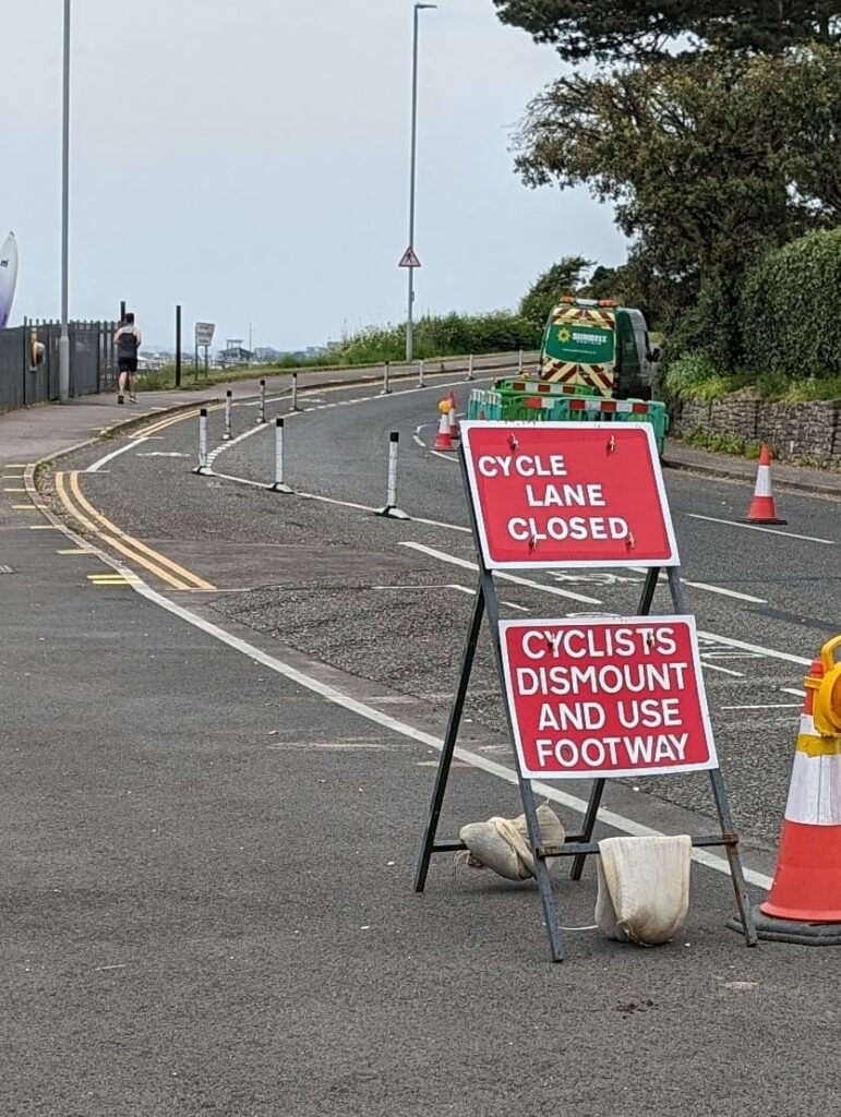 Cyclists Dismount signs in Bournemouth, Christchurch, and Poole