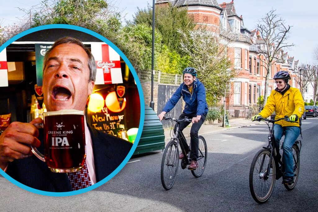 Cyclists in Islington with Nigel Farage and a pint