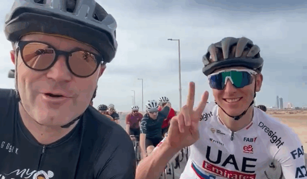 David Lappartient and Tadej Pogačar cycling in Abu Dhabi