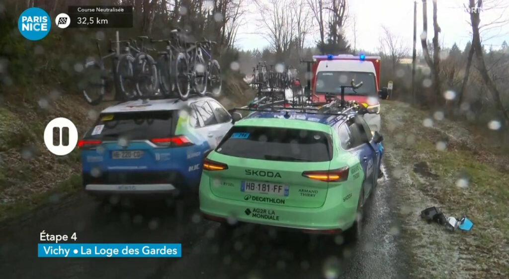 Decathlon AG2R car damaged during 2025 Paris-Nice 2
