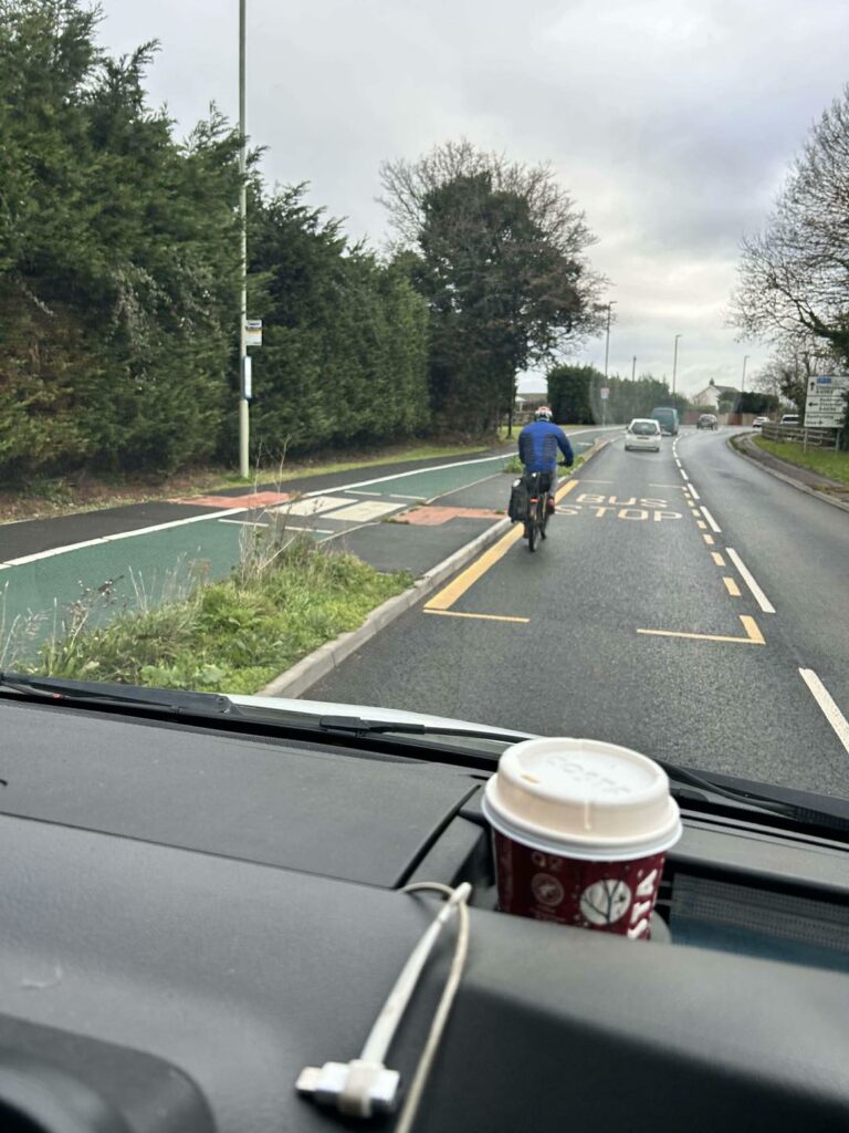Driver takes photo of cyclist not using adjacent cycle lane, Staverton