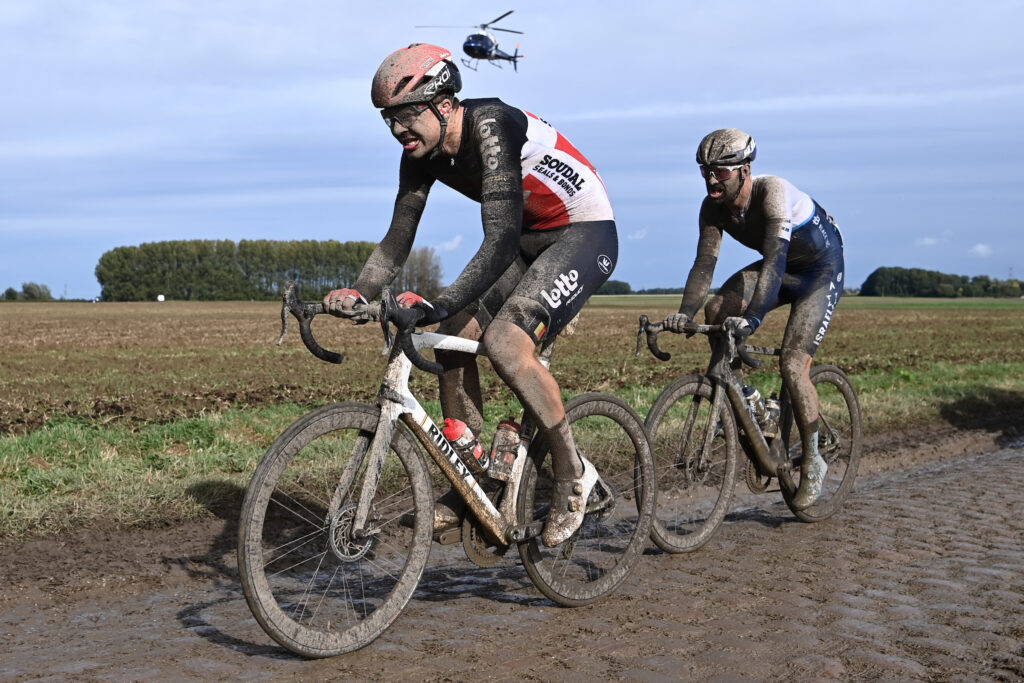 Florian Vermeersch of Lotto Soudal attempts to escape from a small helicopter during Paris-Roubaix Credit SWpix.com