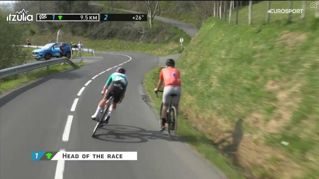 Rogue rider next to João Almeia in Itzulia Basque stage four
