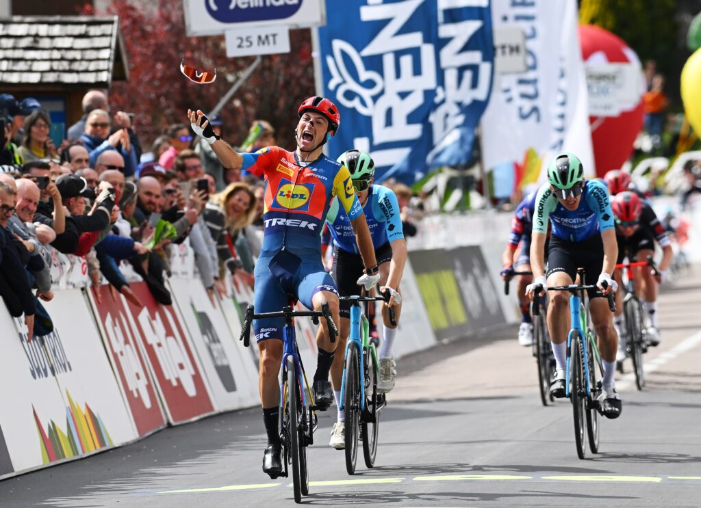 Giulio Ciccone throws his sunglasses in celebration