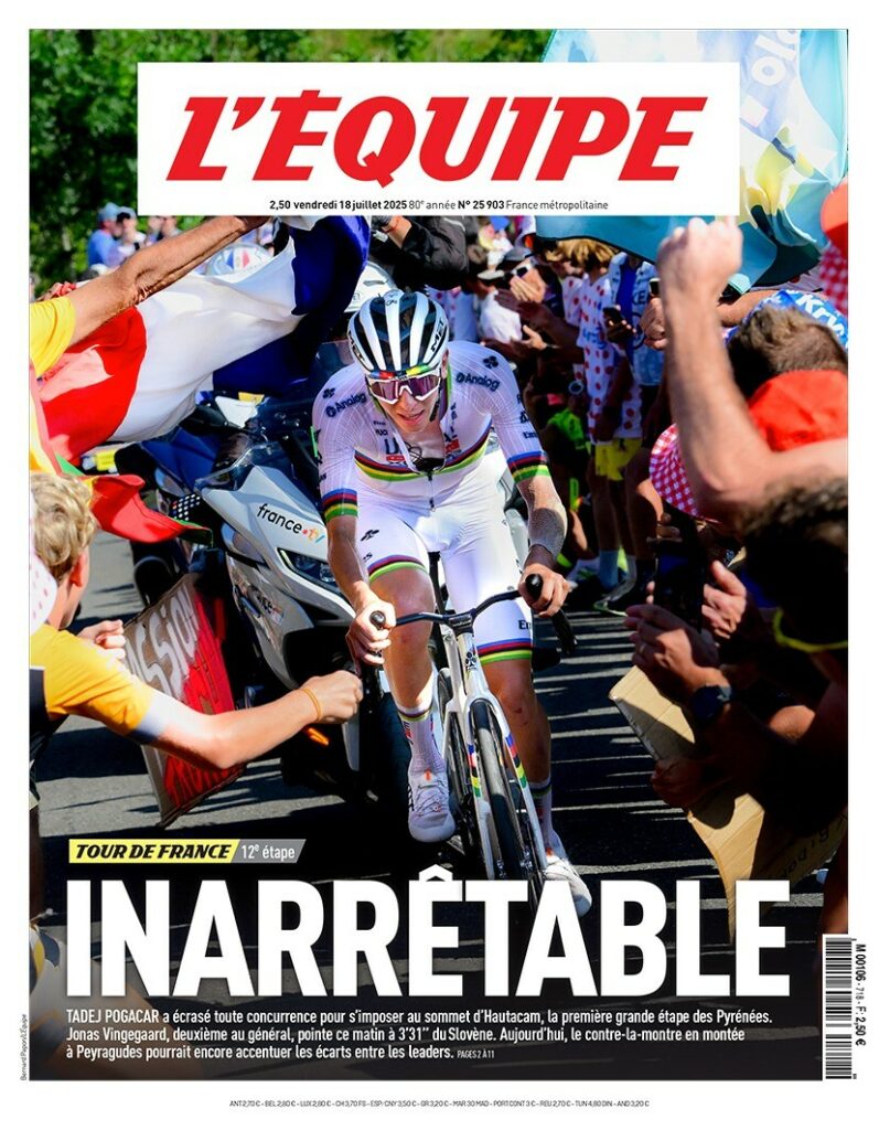 Tadej Pogačar front splash on L’Equipe, 18 July 2025