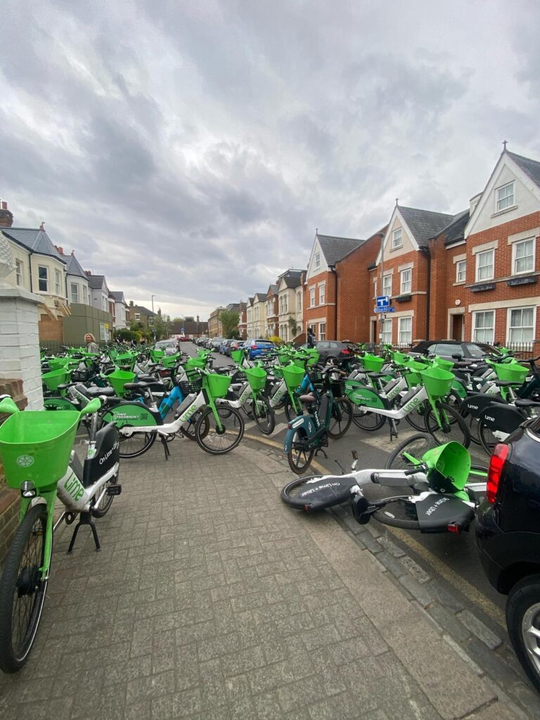 Lime bikes parked on Putney street during Boat Race