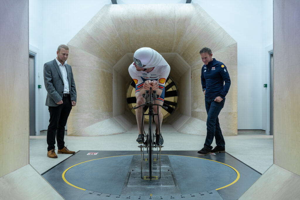 Paul Tomlinson, Ed Clancy, Stephen Park at opening of wind tunnel on Etihad campus, Manchester