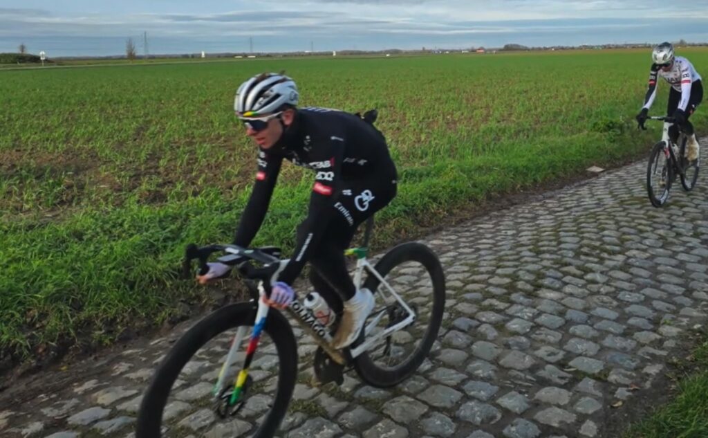 Tadej Pogačar reconning Paris-Roubaix cobbles, December 2025