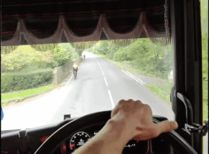 Lorry stuck behind cyclists