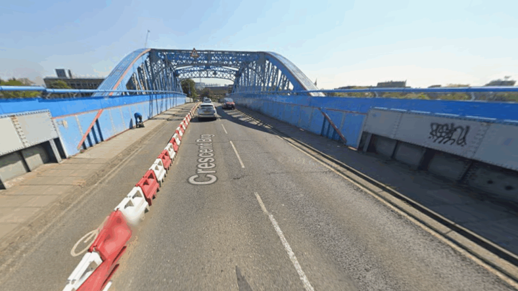 Crescent Bridge, Peterborough with (since removed) temporary cycle lane – 2021