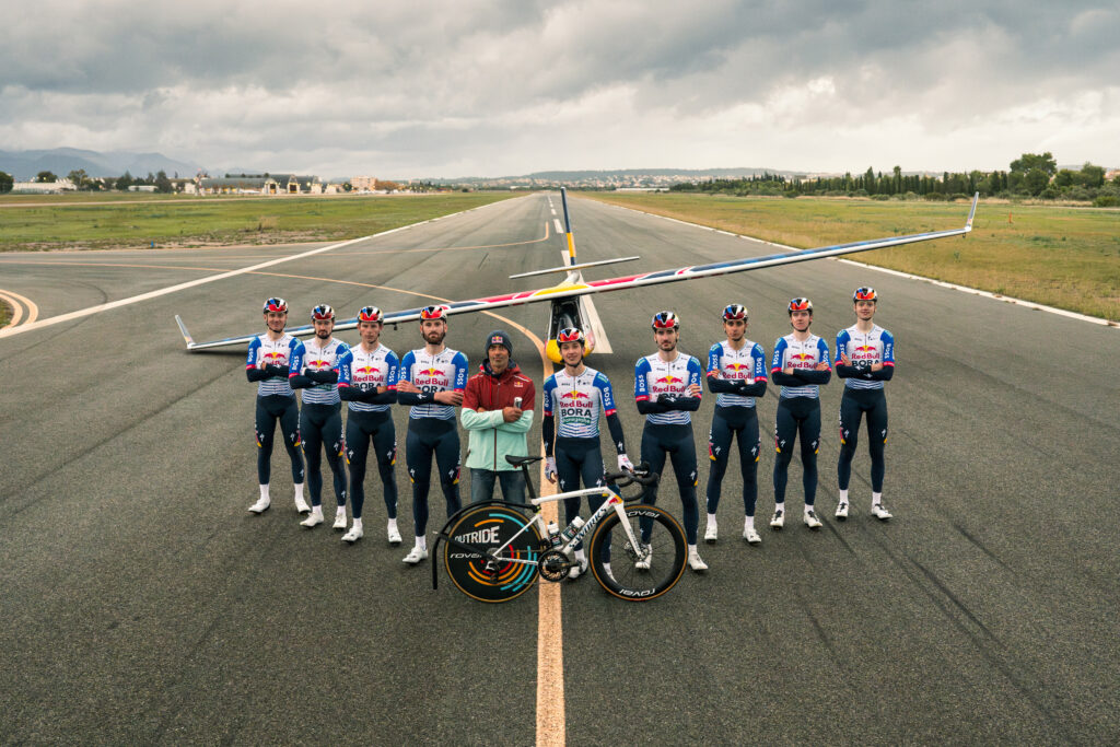 Red Bull-Bora-Hansgrohe riders launch plane during training camp