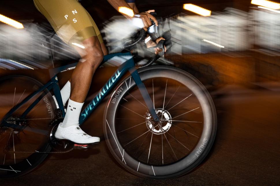2022 Hunt 60 Limitless Carbon Spoke Disc wheels on bike action shot